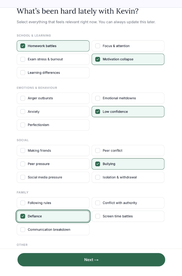 Navio onboarding screen asking which challenges your child is facing