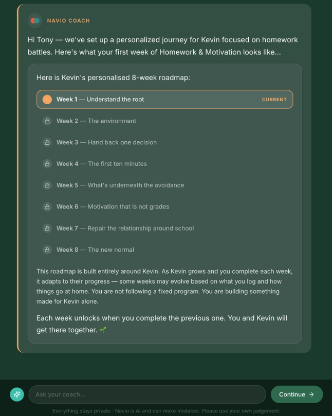 Navio coach screen showing a personalized 8-week roadmap